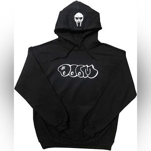MF Doom Hoodie with Mask on Hood Black (White Design)
